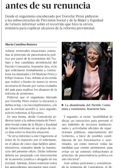 Contraloría da cinco días al gobierno para informar sobre actividades de Jara antes de su renuncia